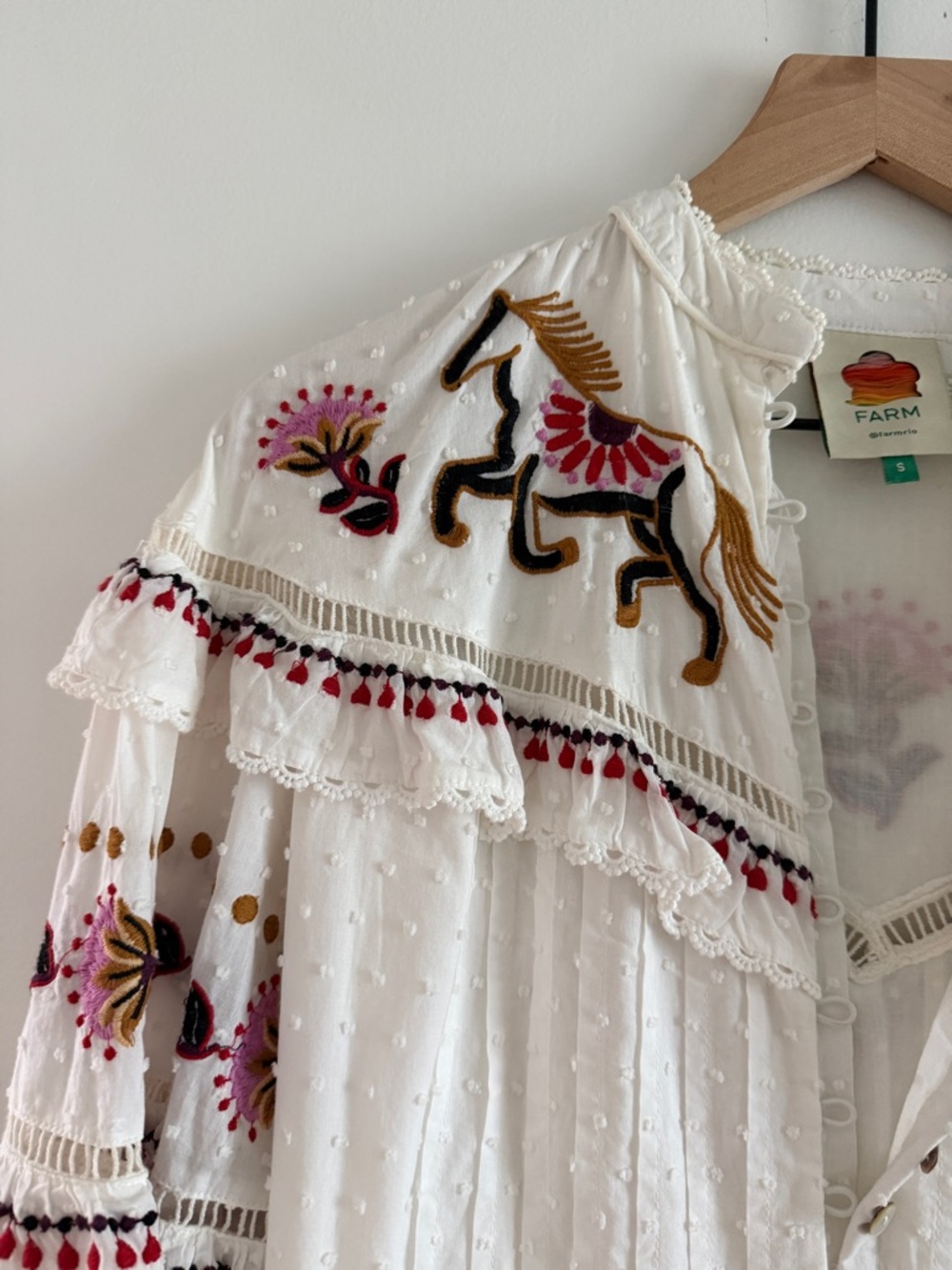 Farm Rio White Embroidered Horses Ruffle Mini Dress - Picture 4 of 6